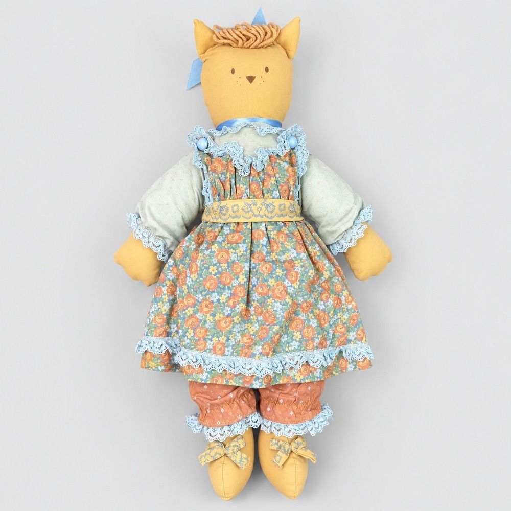 Vintage Handmade Primitive Cloth Cat Doll 20in Floral Dress Folk Art Kittens
